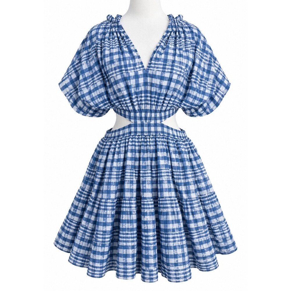 A Piece Apart Blue Gingham Cutout Mini Dress Size M Dolman Sleeve Cottagecore